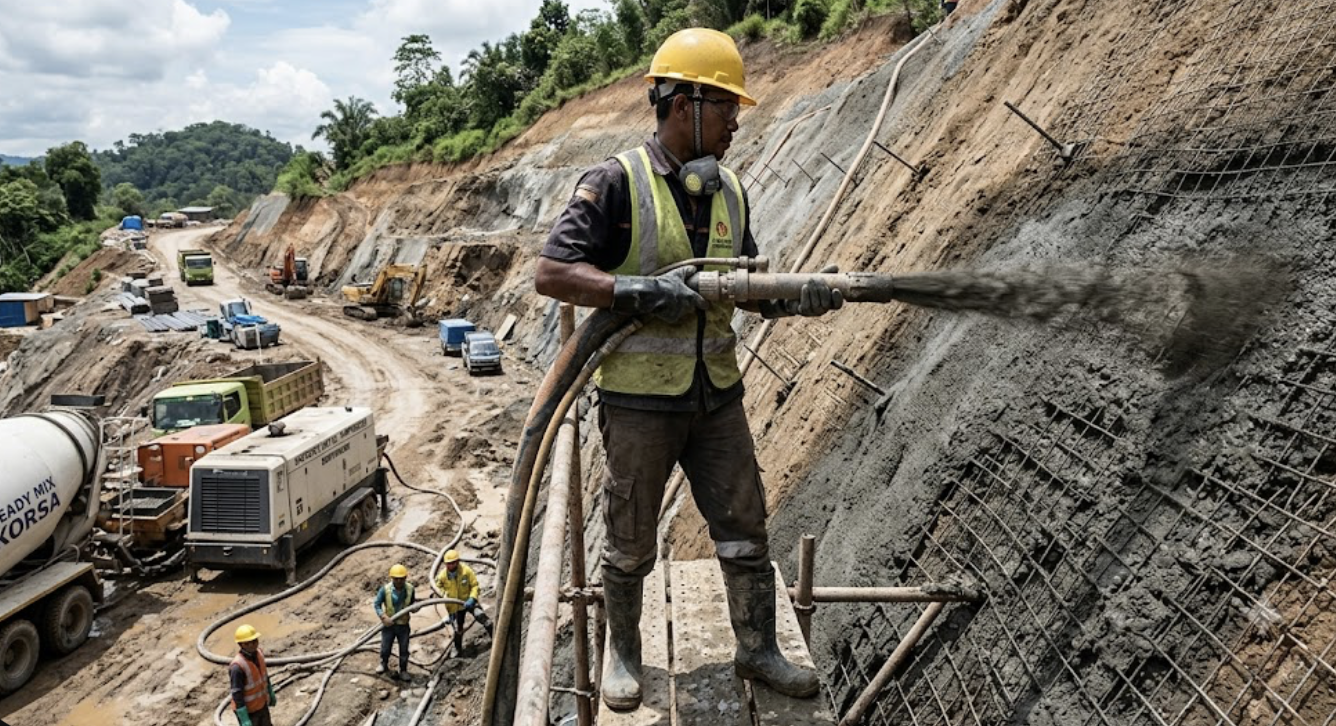 ilustrasi pengaplikasian shotcrete di tebing