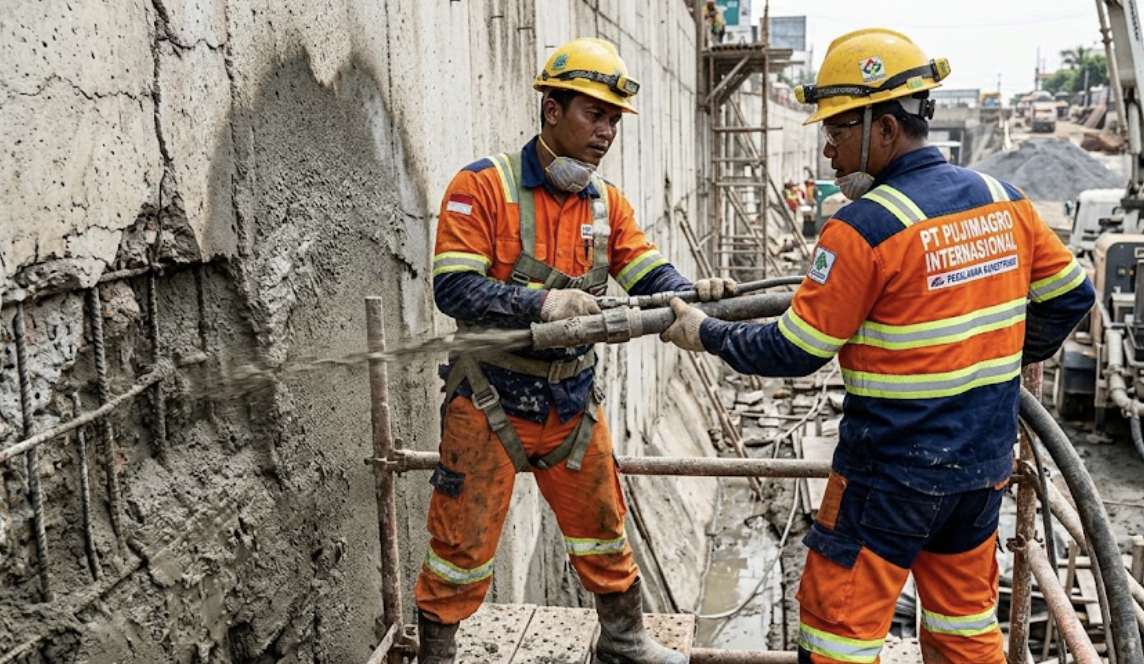 ilustrasi perbaikan struktur beton metode shotcrete